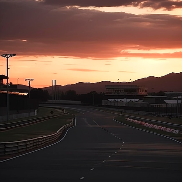 Circuit of Dreams: Die Gelassenheit des Rennens bei Sonnenuntergang, erstellt mit generativer KI-Technologie