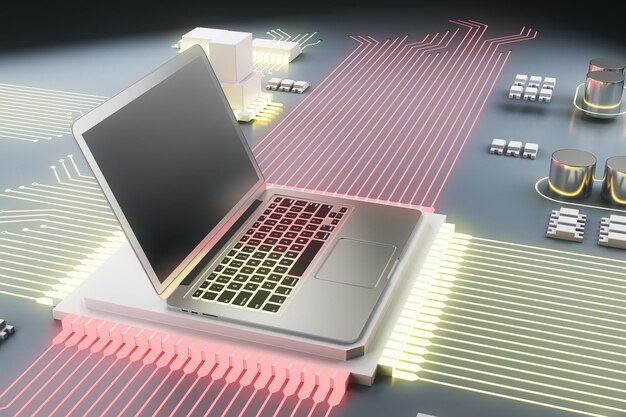 Circuito abstrato construído na tela do laptop vazio em fundo de hardware prata e rosa Conceito de software e equipamento de tecnologia Mock up 3D Rendering