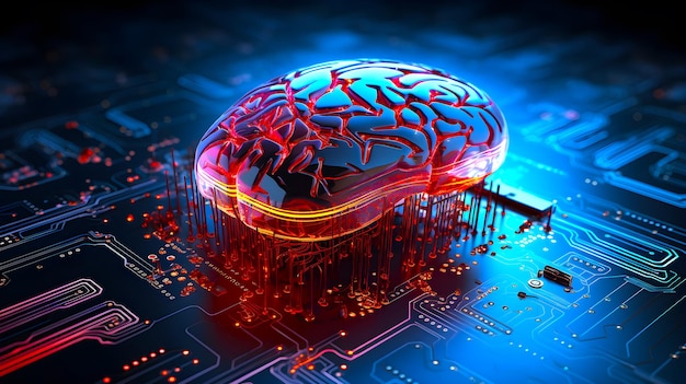 Circuito cerebral brillante en un microchip en la placa base de la computadora procesamiento de grandes datos ai comercio