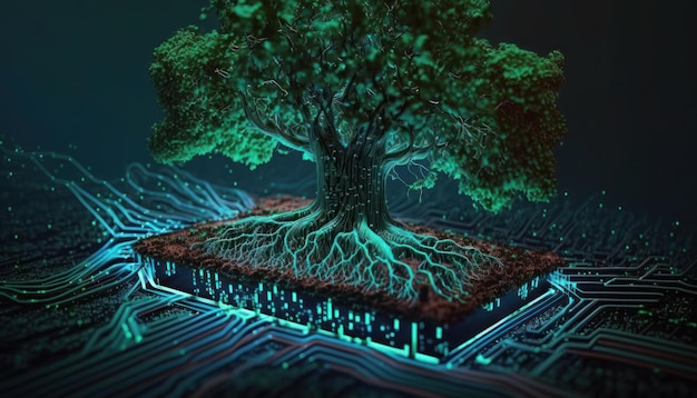Un circuito de computadora del que crece un árbol