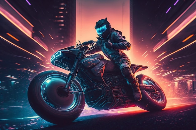 Circuito Cyberpunk nocturno con IA de motocicleta futurista