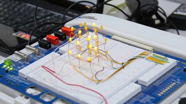 Circuito eléctrico con linternas diodo eléctrico incandescente bombilla de neón de cerca de la matriz de led