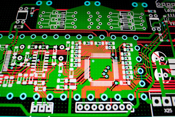 Foto circuito eléctrico de pcb en la pantalla de la pc