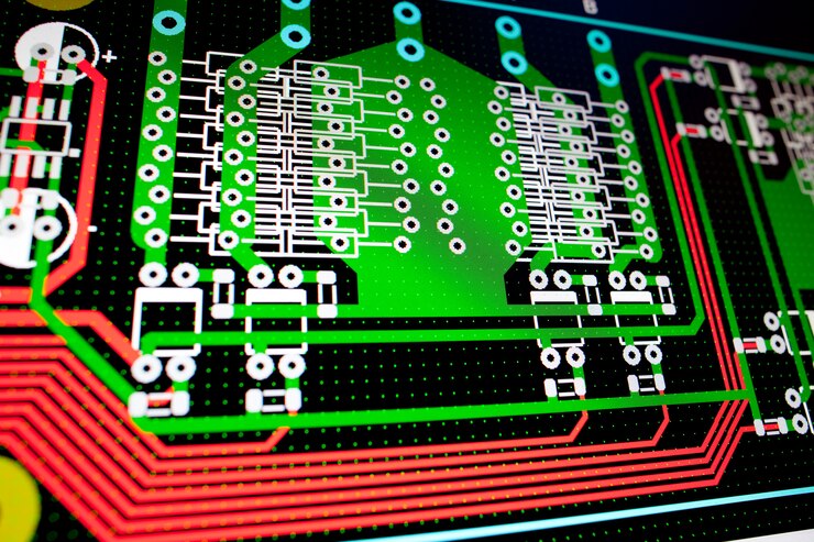 Foto circuito eléctrico de pcb en la pantalla de la pc