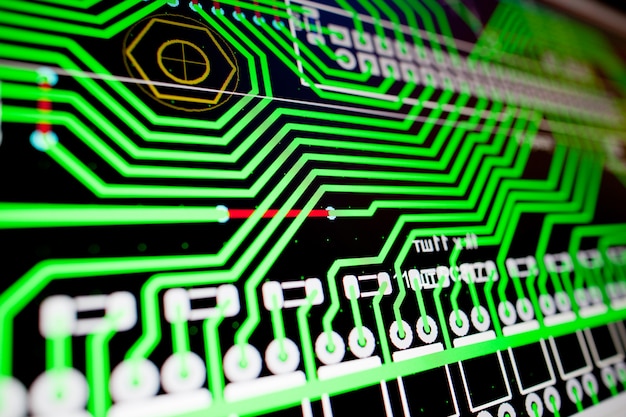 Circuito elétrico de pcb na tela do pc