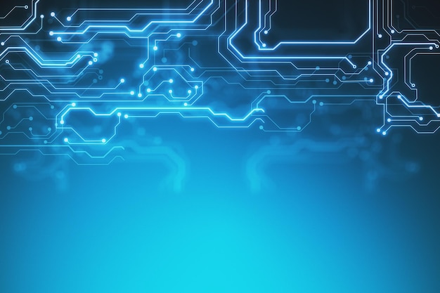 circuito de la placa de tecnología abstracta y puntos en fondo azul con espacio para su logotipo renderización 3D