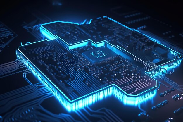 El circuito tiene la forma de una placa de circuito impreso electrónico alimentada por un chip Ilustración moderna futurista Tecnologías innovadoras Generativo ai