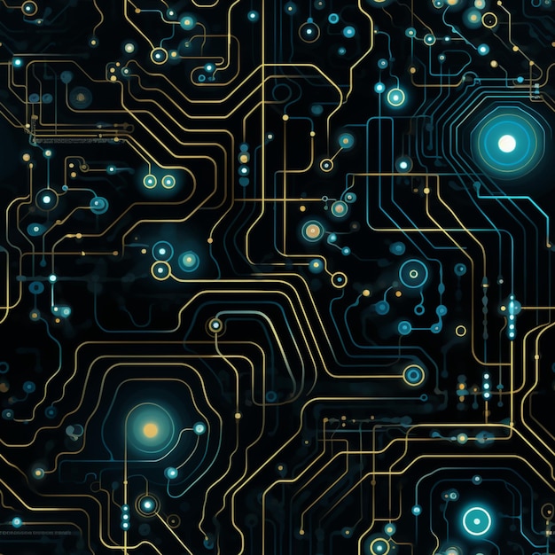 circuitos brillantes sobre fondo negro con patrones sin fisuras de remolinos de luz