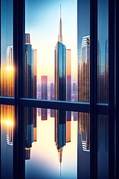 Circuitos y pantallas de computadora reflejadas en las ventanas del rascacielos Sky Scraper Luces de la ciudad Negocios
