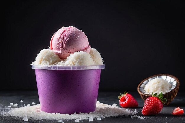 Foto circulação de delicioso sorvete de bagas ou iogurte congelado em uma banheira de plástico para levar espalhado