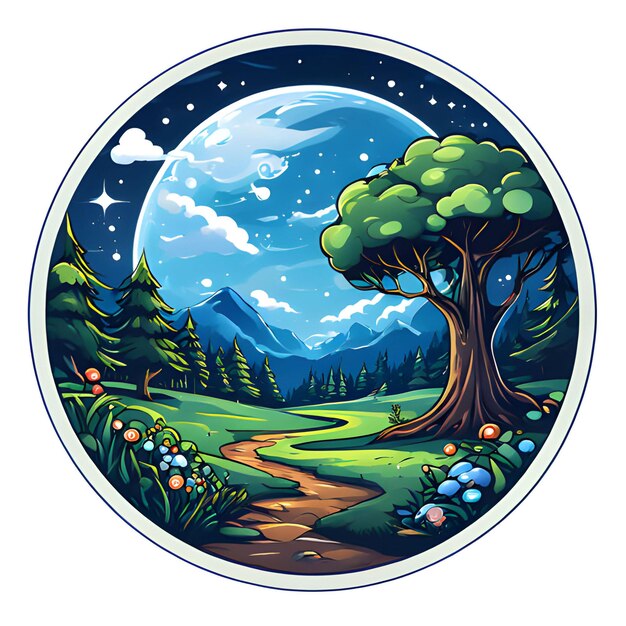 un círculo con un árbol y la luna en él