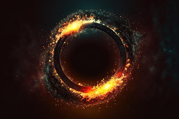 Círculo ardente de fogo abstrato com brilhos e chamas em um quadro de círculo de fogo de fundo preto em preto