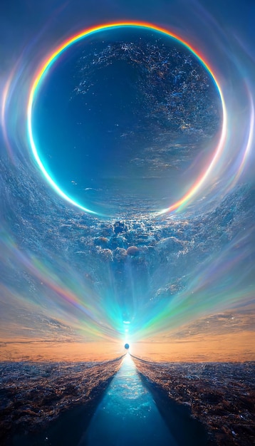 Foto un círculo azul con un arcoíris en el cielo.