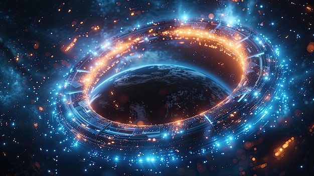 Un círculo azul con estrellas y puntos lo rodea en el estilo de vibrantes telones de fondo tecnológicos
