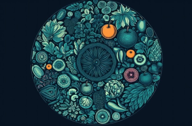 Un círculo azul con frutas y flores.