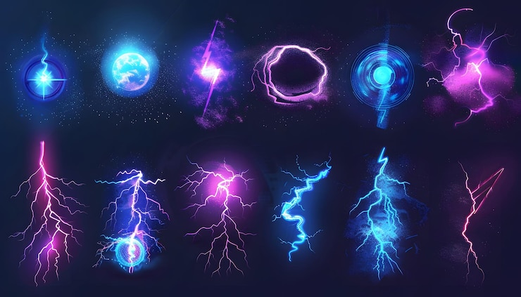 Foto círculo azul y púrpura con ilustración de relámpago