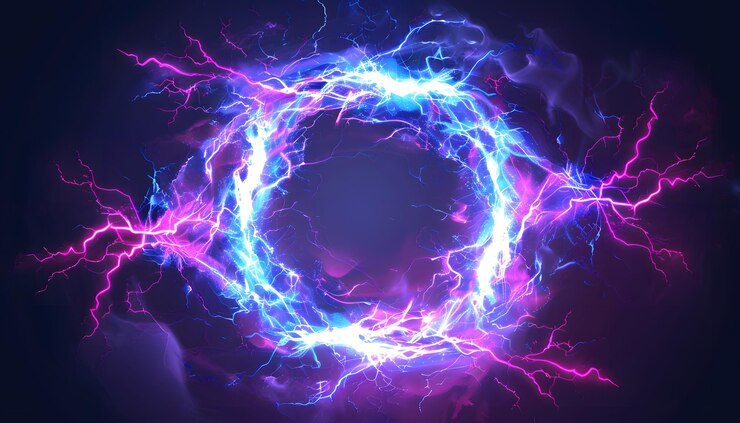 Foto círculo azul y púrpura con ilustración de relámpago
