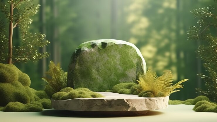 El círculo blanco se basa en la roca en la maqueta de la sombrilla de la escena del jardín Generative Ai