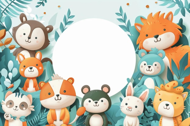Un círculo blanco en el centro de una ilustración rodeado de animales de dibujos animados vestidos de negocios