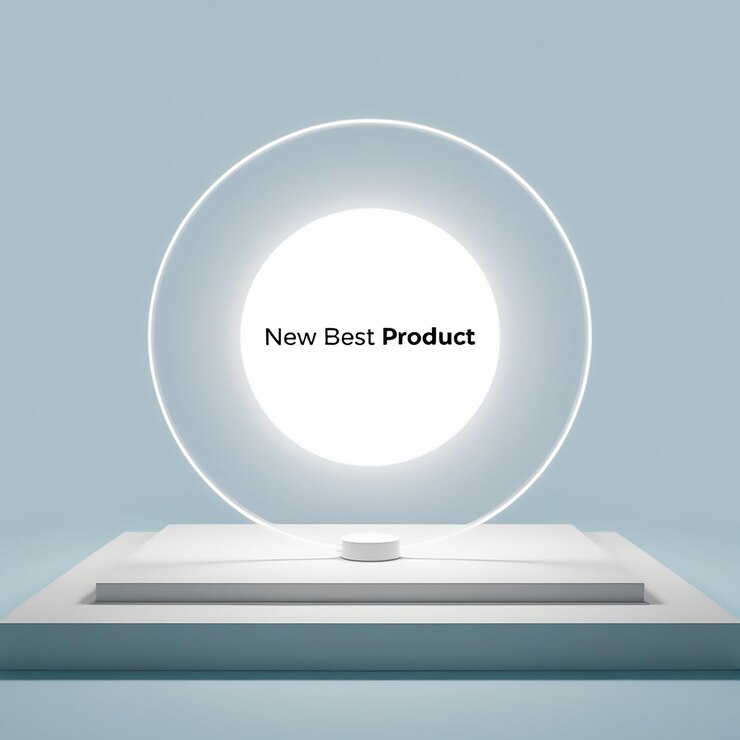 un círculo blanco con un logotipo para nuevos productos