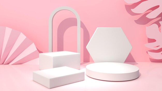 Círculo branco e quadrado simulam para colocar amostras de produtos em um fundo rosa pastel3d rendering