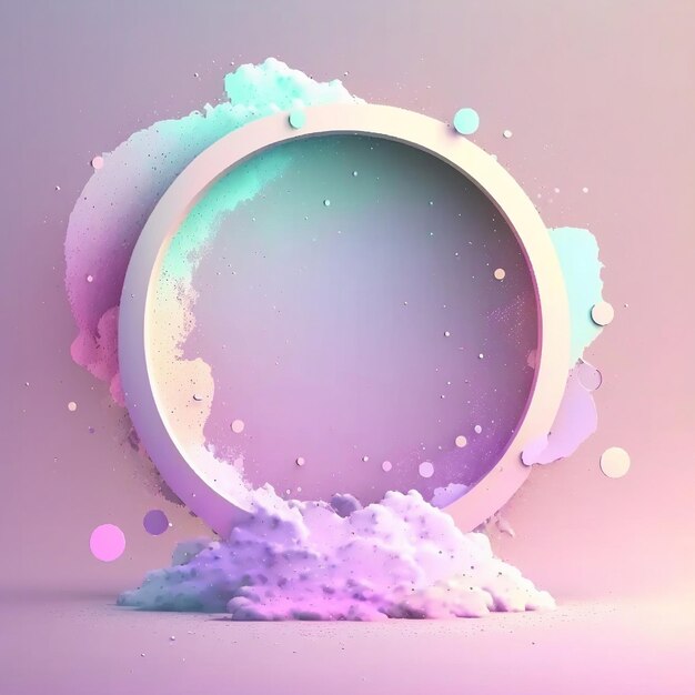 Círculo branco portal em fundo neon pastel com nuvens para seu logotipo ou texto Gerado AI