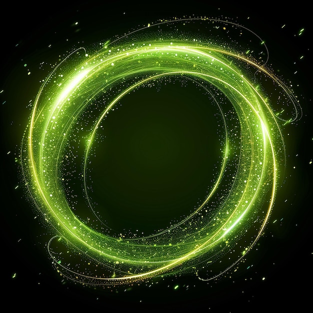Círculo brillante verde abstracto con rastros de luz dinámicos y efectos de partículas en un fondo oscuro