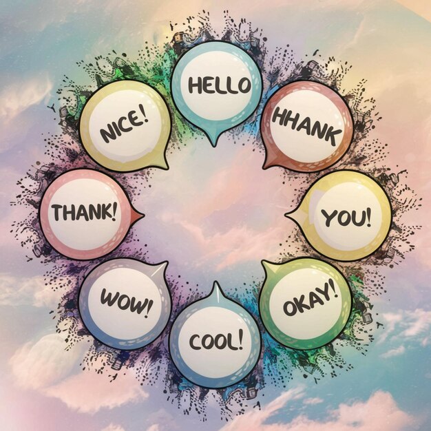 un círculo de burbujas de habla con la palabra hola en el medio