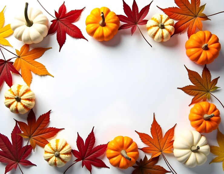un círculo de calabazas con hojas de otoño en un fondo blanco