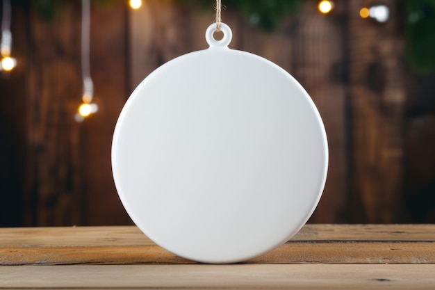 Círculo de cerámica blanco brillante vacío en blanco atado con una cuerda dorada metálica sobre un fondo rústico y luces navideñas Ilustración generativa de IA