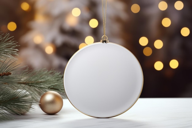 Círculo de cerámica blanco brillante vacío en blanco atado con una cuerda dorada metálica sobre un fondo rústico y luces navideñas Ilustración generativa de IA