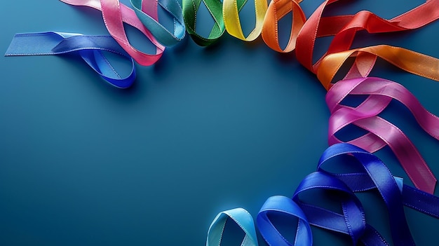 Un círculo de coloridas cintas de concienciación sobre el cáncer sobre un fondo azul