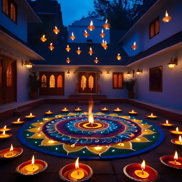 un círculo colorido de velas en una casa con un gran círculo de velas