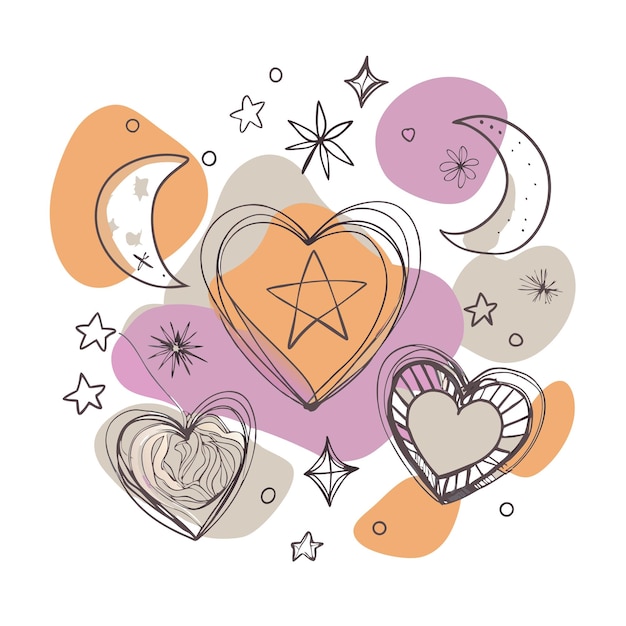 un círculo de corazones y un corazón con la luna en el fondo