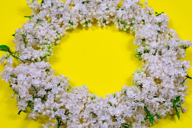 Círculo de flores lilás brancas sobre um fundo amarelo Conceito floral mínimo Padrão floral como um layout para um espaço de cópia de cartão para o seu texto Dia das Mães Feriado feminino
