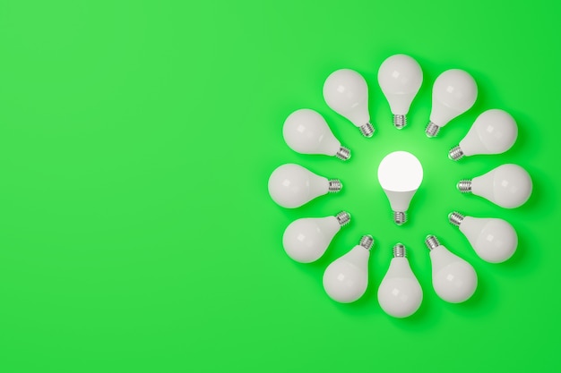 Círculo de lâmpadas de renderização 3D, apenas o do meio está ligado, em fundo verde brilhante