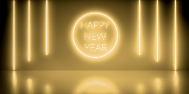 Círculo de néon dourado e linhas feliz ano novo. fundo abstrato, show de laser. linhas brilhantes, túnel, luzes de néon, realidade virtual, portal redondo. Renderização 3D.