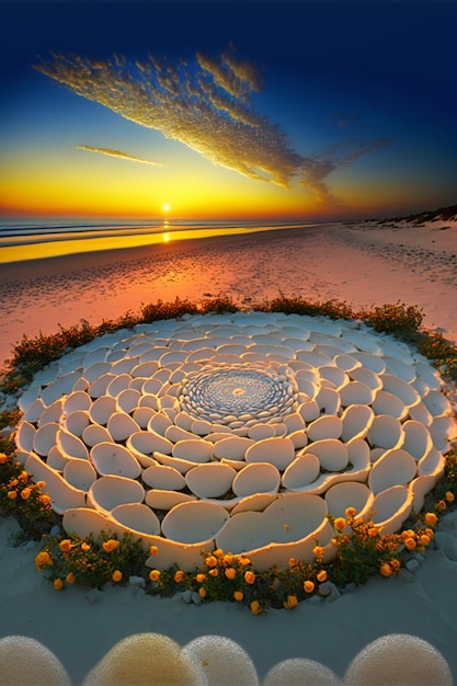 Círculo de pedras em uma praia com um pôr do sol ao fundo generativo ai