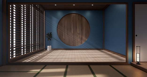 Círculo design de parede de prateleira azul sala vazia japonesa deisgn tatami mat piso renderização em 3d