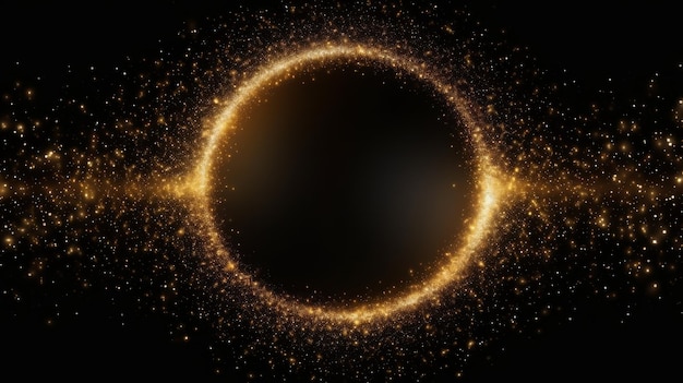 Círculo dourado brilhante emitindo luz brilhante com brilhos e partículas douradas em uma moldura circular contra um fundo preto