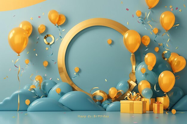 Círculo dourado plano e balões de fundo de aniversário