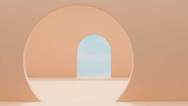 Círculo e porta em arco em laranja pastel cena apresentação do produto 3d render