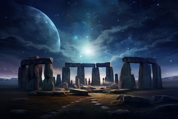 Círculo enigmático de Stonehenge sob IA generativa do céu estrelado