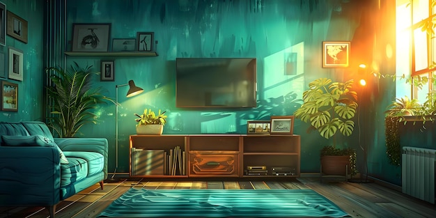 Un círculo de fondo virtual de estilo anime dibujado a mano de una acogedora sala de estar Lofi Concepto Estilo Anime Fondo virtual Acogedora configuración Lofi Vibes Sala de estar