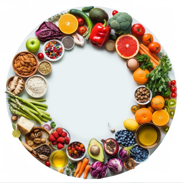 Un círculo de frutas y verduras con un círculo de un círculo