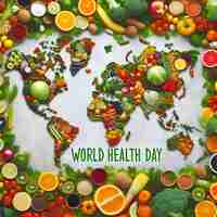Foto un círculo de frutas y verduras con las palabras salud saludable en él