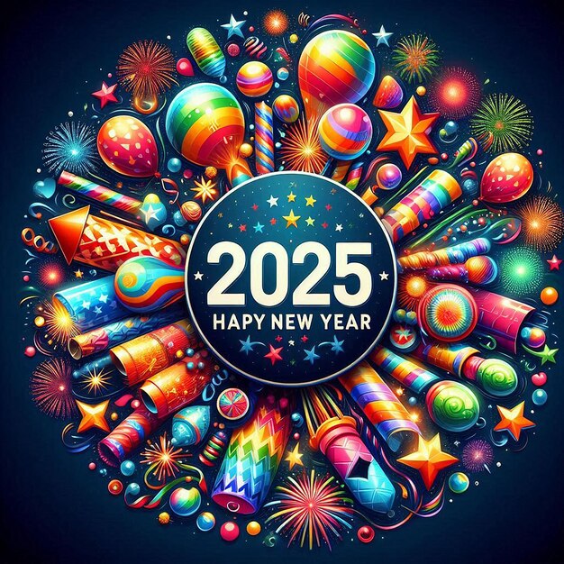 un círculo de fuegos artificiales coloridos con las palabras "año nuevo" en él