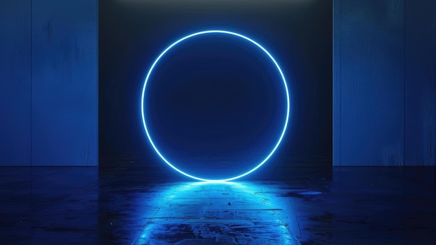 Un círculo geométrico azul neón vibrante aparece en un telón de fondo oscuro añadiendo un toque futurista