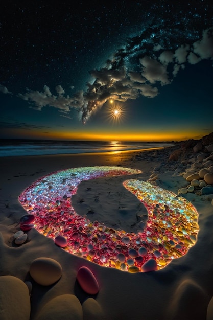 Círculo hecho de rocas en una playa por la noche ai generativo