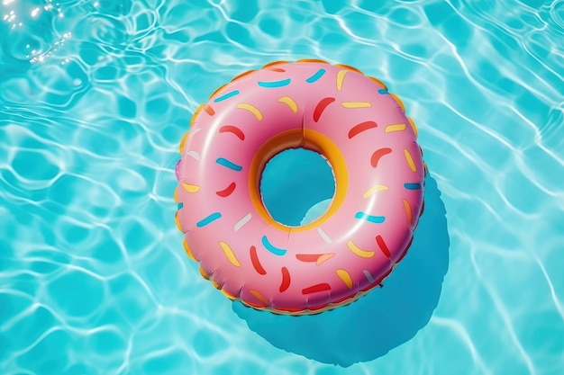 El círculo inflable en forma de rosquilla flota en la vista superior de la piscina